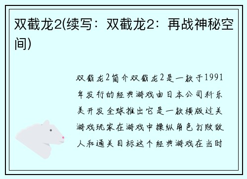 双截龙2(续写：双截龙2：再战神秘空间)
